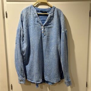Dokotoo Women's Blue half-button Blouse 100% Cotton L lightweight vacation baggy